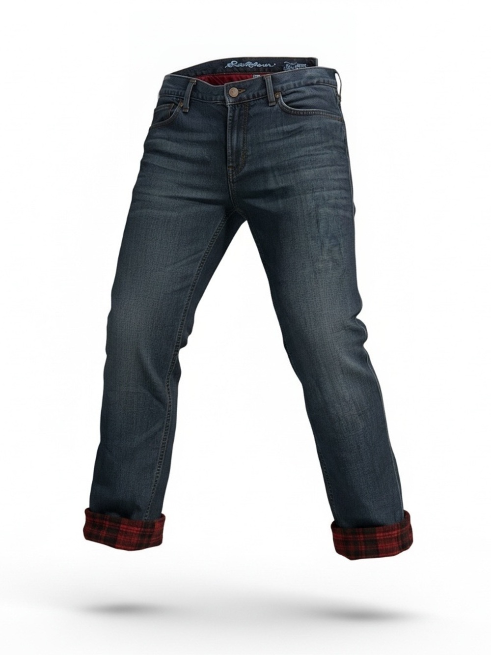 Eddie Bauer Women's Dark Indigo Straight Jeans with buffalo plaid lining